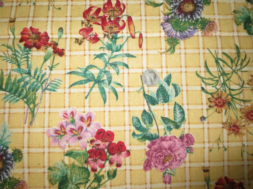 3120. Vtg Faye Liverman Burgos FLORAL BOUQUET CHECK Cotton FABRIC-44″ x 4.5 yds.