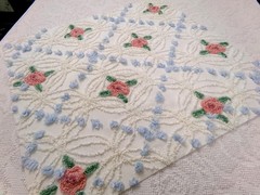 Pink Roses in Winter Vtg Chenille Bedspread Fabric Romantic Floral Dot 22″ x 20″