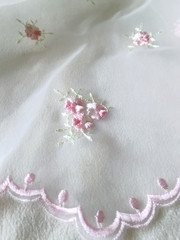 Tulle Fabric Panel, Embroidered Pink Flowers on Semi Sheer Organza; 44 x 88 in