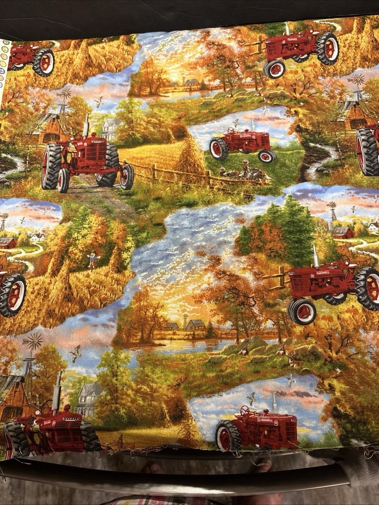 Cotton Farmall Tractors Pumpkins Autumn Fall Farm Fabric Print by Yard 36x 42