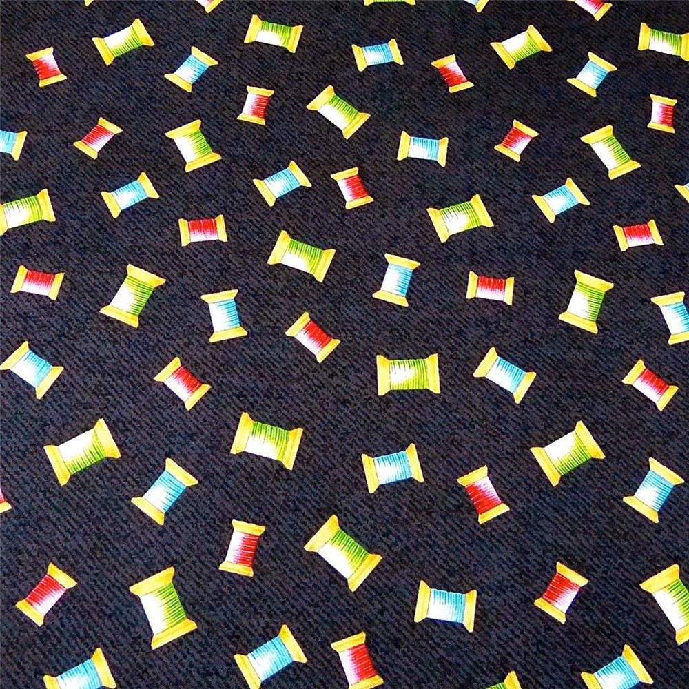 Quilters: Spools of Thread Tossed on Charcoal, Cotton Fabric by Henry Glass