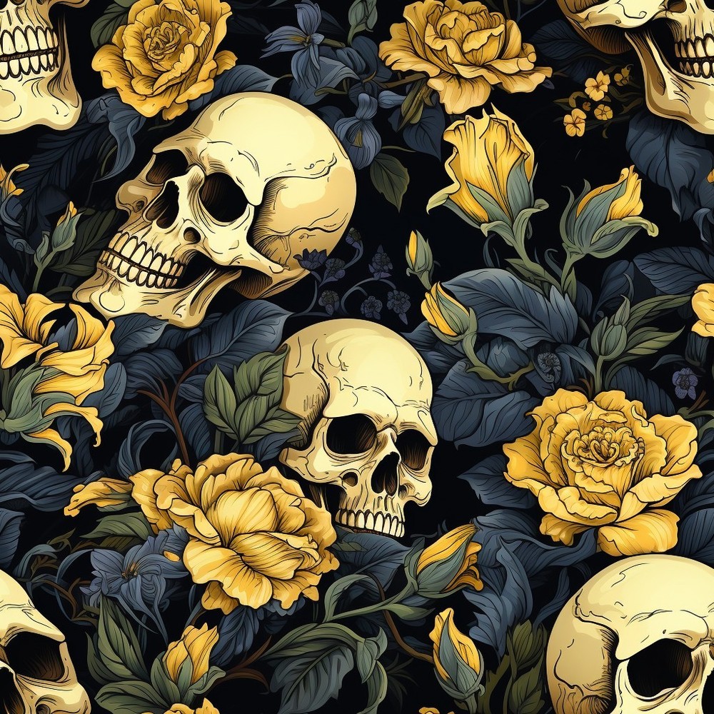 Skull motifs and yellow roses Printed Cotton Fabric By The Yard