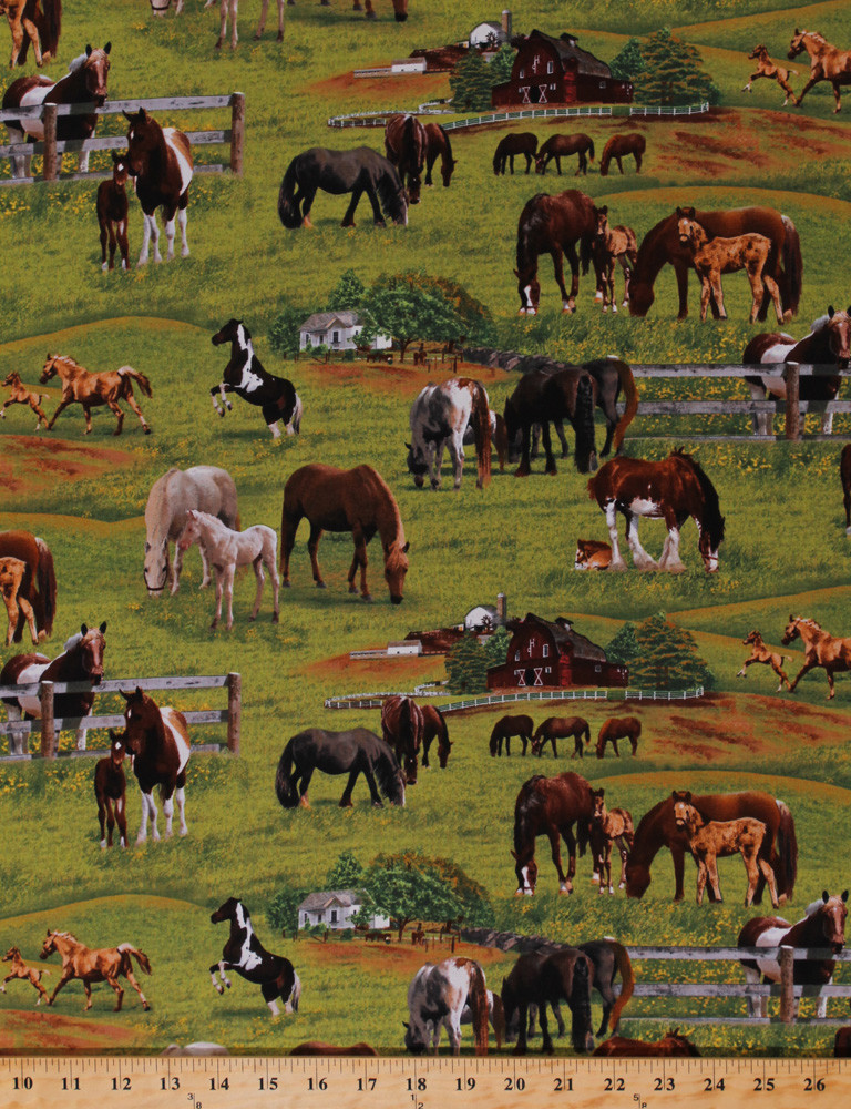 Cotton Horses Foals Barns Farm Animals Green Cotton Fabric Print by Yard D362.03
