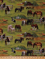 Cotton Horses Foals Barns Farm Animals Green Cotton Fabric Print by Yard D362.03