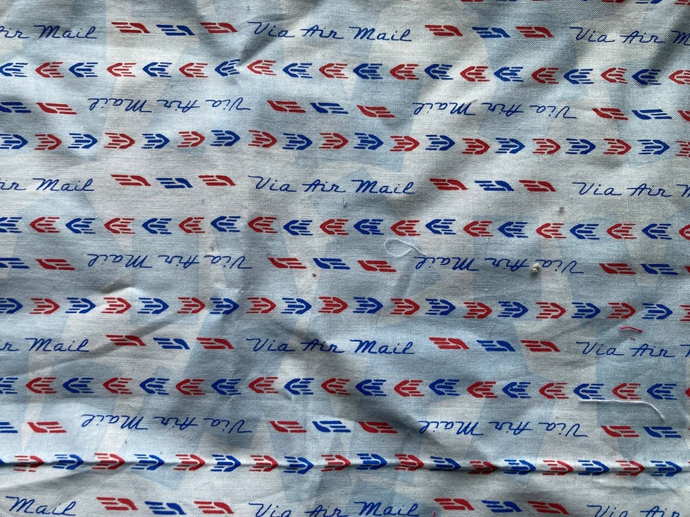 Via Air Mail, Red and Blue Fabric, Postal Theme, 15 x 13 inches