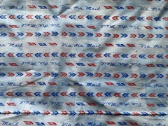 Via Air Mail, Red and Blue Fabric, Postal Theme, 15 x 13 inches
