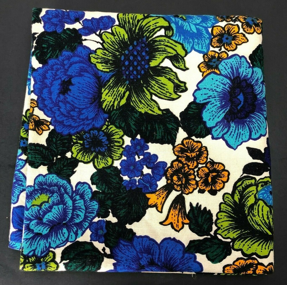 Vtg Riegel Material Fabric BOLD Floral Blue Green 2.5 Yd MCM Mid Century Tablecl