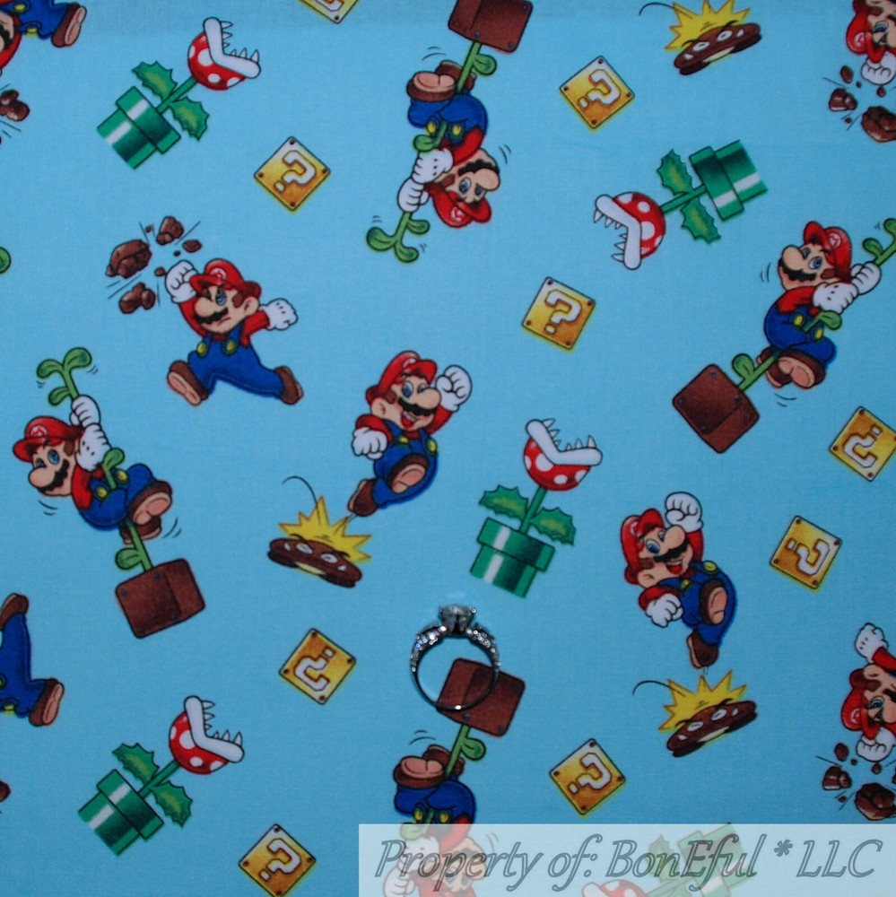 BonEful Fabric FQ Cotton Quilt VTG Aqua Blue Super Mario Brothers Game Boy Comic