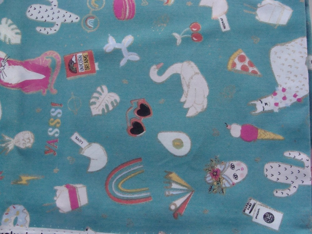Soft Cotton Green Fabric w Rainbow Unicorn Swan Multi-color Sz 36×44″w