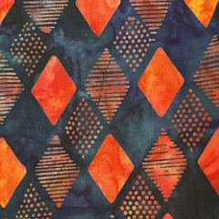 1 Yard Beautiful Unique Batik Fabric Orange & Royal Blue Harlequin Diamonds QSQ