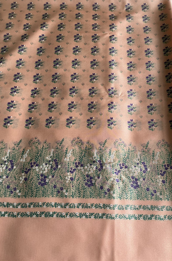 Peach with Purple Flowers by the piece, 56” wide by 2 yds 8” long, Polyester ?