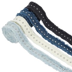 4 Rolls Denim Ribbon 7.7 Yards Fabric Rivets Fringes Frayed Cotton Strips