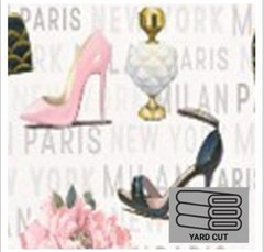 Fashion Glam 1 Yard Pre-Cut Stilleto Heels Perfume Rose on White Cotton Fabric