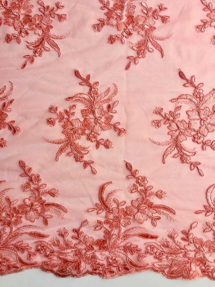 Callie CORAL Polyester Floral Corsage Embroidery on Mesh Lace Fabric by the Yar