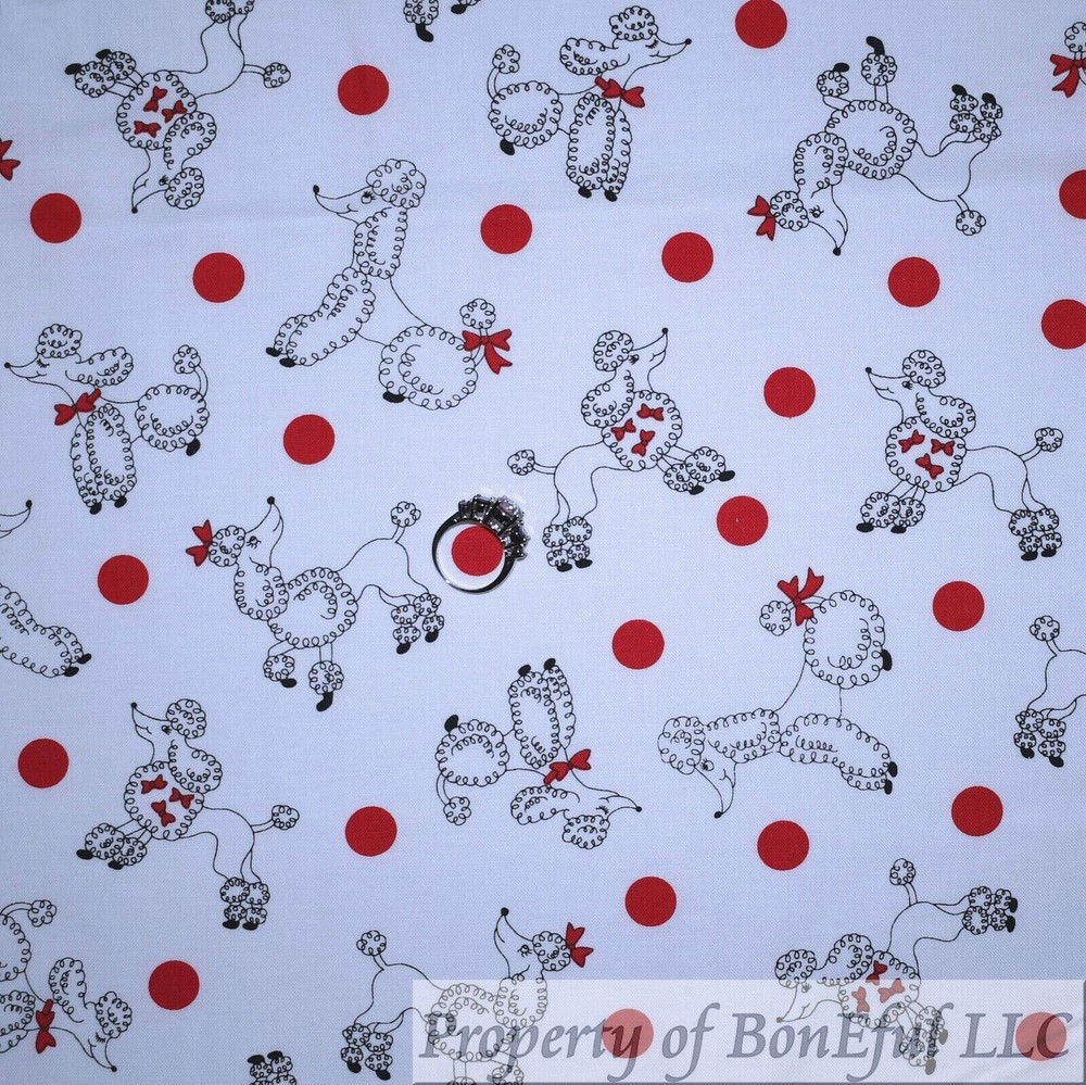 BonEful Fabric FQ Cotton Quilt White Red Polka Dot French Poodle Girl Dog France