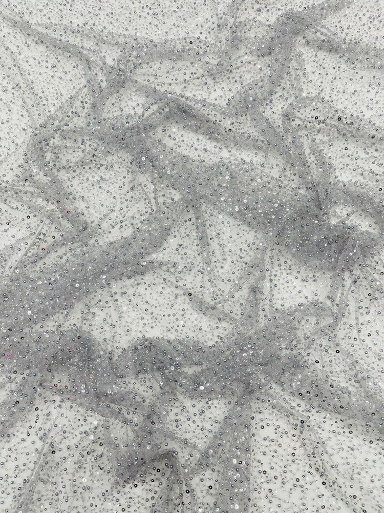 Silver Beaded Sequin with pearls Yard, Glitter Mesh, Prom Dress Fabric