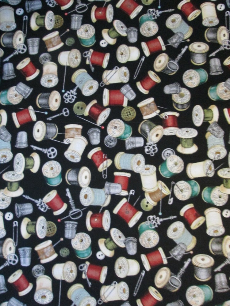 THREAD SPOOLS OF THIMBLE NEEDLES THREADER MORE ON BLACK COTTON FABRIC BTHY