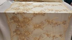 Champagne Gold Hand-Beaded Lace Fabric with 3D Floral Flowers on Mesh – Sold by