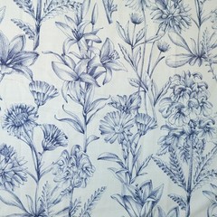 Belle Maison Fabric Floral Botanical Print 39×44 Linen Blend Spain Blue Flowers