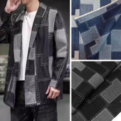Vintage Washed Denim Fabric Rectangular Grid Splicing Fabric DIY Jacket Pants