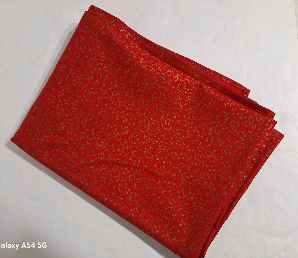 Vintage Red & Gold Handmade Tablecloth 68″ x 44″ Floral Scroll Design 1970’s