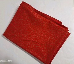Vintage Red & Gold Handmade Tablecloth 68″ x 44″ Floral Scroll Design 1970’s