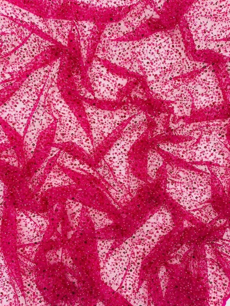 Fuchsia Beaded Sequin with pearls Yard, Glitter Mesh, Prom Dress Fabric