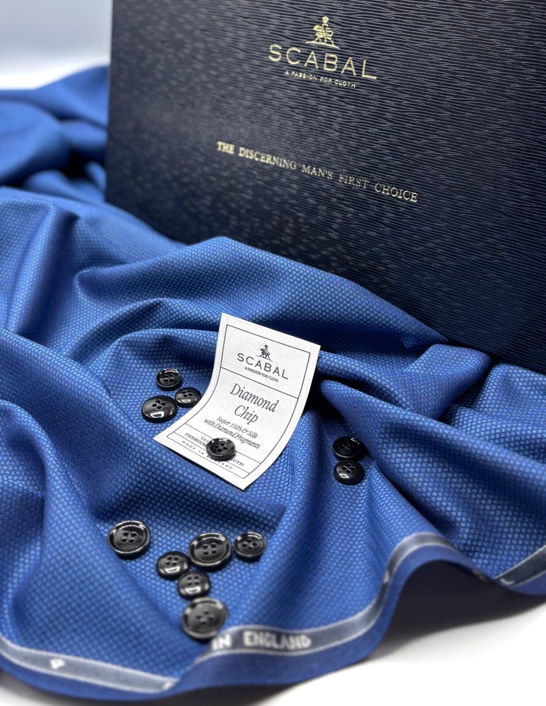 Blue Geometric Fabric Wool Silk Fabric Diamond Chip By Scabal Suiting 3.50m