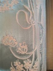 5 YARDS VINT 1940’S COTTAGE CORE DAMASK BROCADE FABRIC PINK FLOWERS ON BLUE EUC