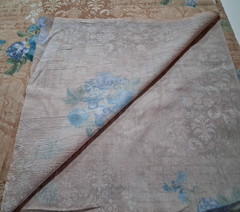 3 1/4 yd x 58″w PolyCotton Crinkle Fabric Browns w/Blue Floral & Word NO STRETCH