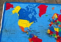 Vintage Sewing Fabric Traditions World Map Panel 1990s Blue & Brights 35×60”