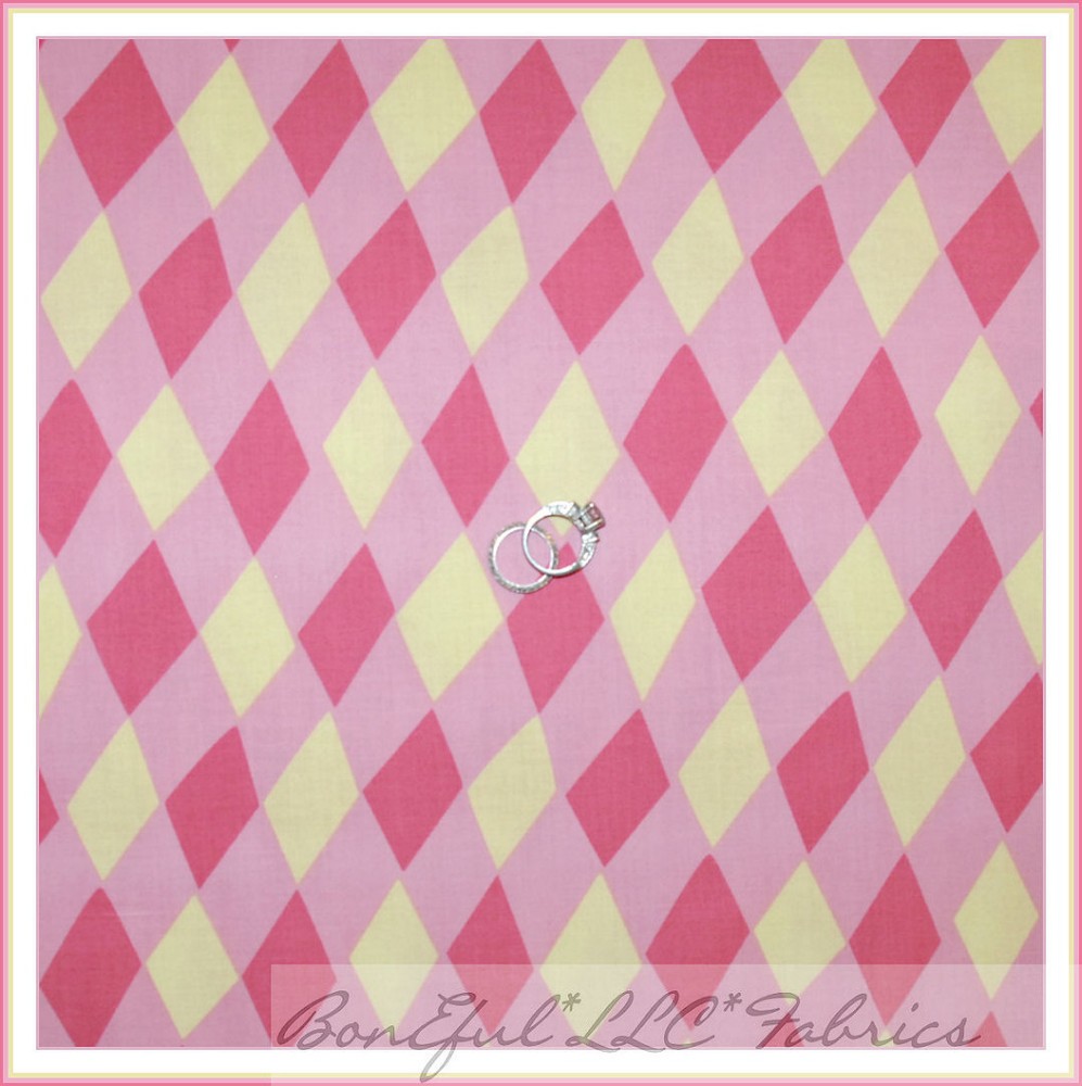 BonEful Fabric FQ Cotton Quilt PINK PRINCESS Girl Yellow Diamond Stripe Check US