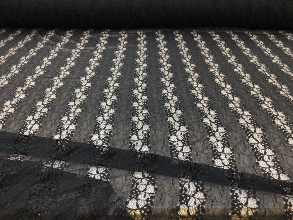 Embroidered Stretch Lace Apparel Fabric Sheer Floral Stripe Black ZZ110