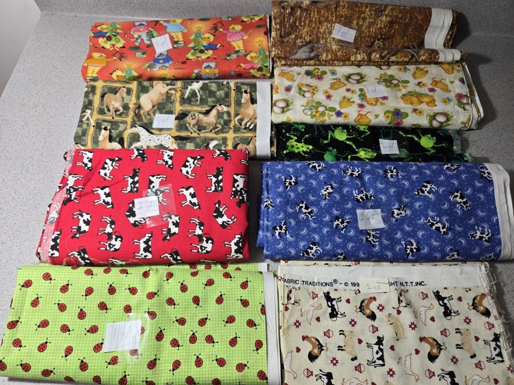 Lot Of 9 Animal Fabric Mix 10.5 Yards Vintage 1992 Cow Horse Cat Chick Lady Bug