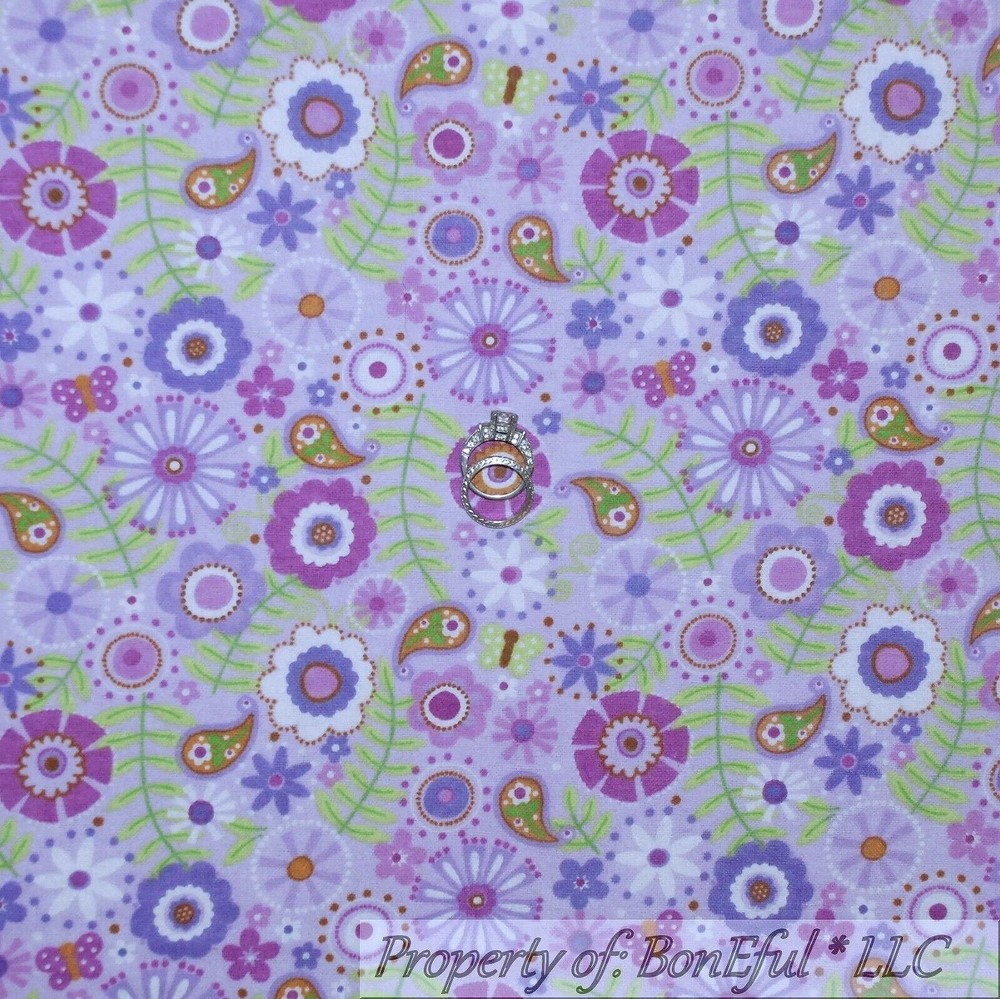 BonEful Fabric FQ Cotton Flannel Purple Green White Flower Paisley Butterfly Dot