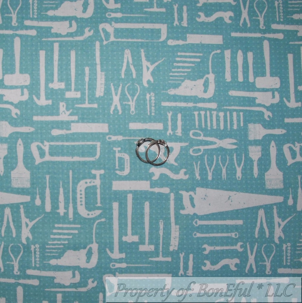 BonEful Fabric FQ Cotton Quilt Blue Wood Craft Tool Garage Craftsman Sale Retro
