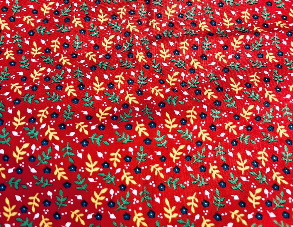 VTG Ditzy CALICO RED w/ Yellow Green Blue White Florals Cottagecore BTFQ