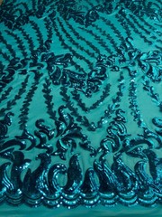 Miranda TEAL Vines and Leaves Sequins on TEAL Mesh Lace Fabric by the Yard – 10
