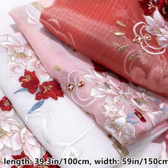 Chinese Embroidered Floral Chiffon Fabric for Hanfu Cheongsam Costume DIY Ethnic