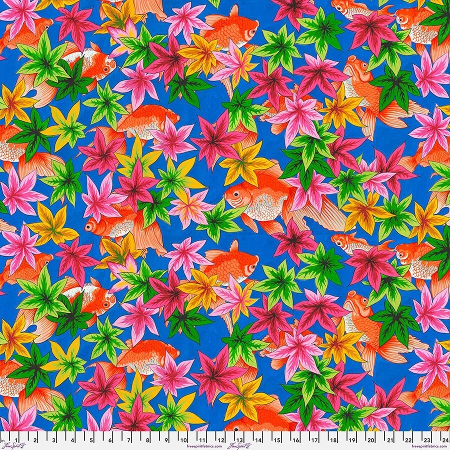 Free Spirit Temple Garden by Snow Leopard Designs PWSL122 Blue Goldfish Cotton
