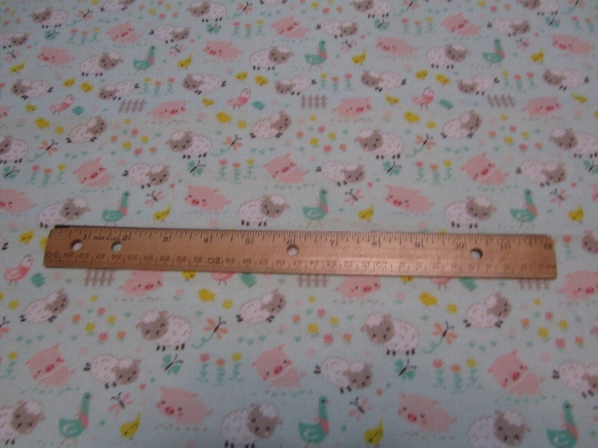 2 Yards Pale Green Camelot Fabrics Farm Animal/Sheep/Pig/Chicken Flannel Fabric