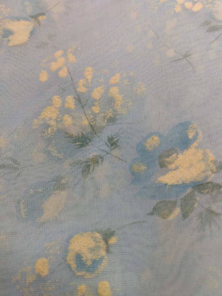 Vintage Blue Sheer Flocked Fabric Floral 3+ Yards x 47″ Wide