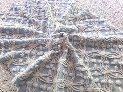 Coastal Vtg Chenille Bedspread Fabric Blue White Wedding Ring Pop Design 24×18″