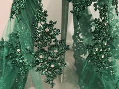 Green Heavy Beaded Sequin Rhinestones Embroidery Lace Fabric 50” Width 1 Yard