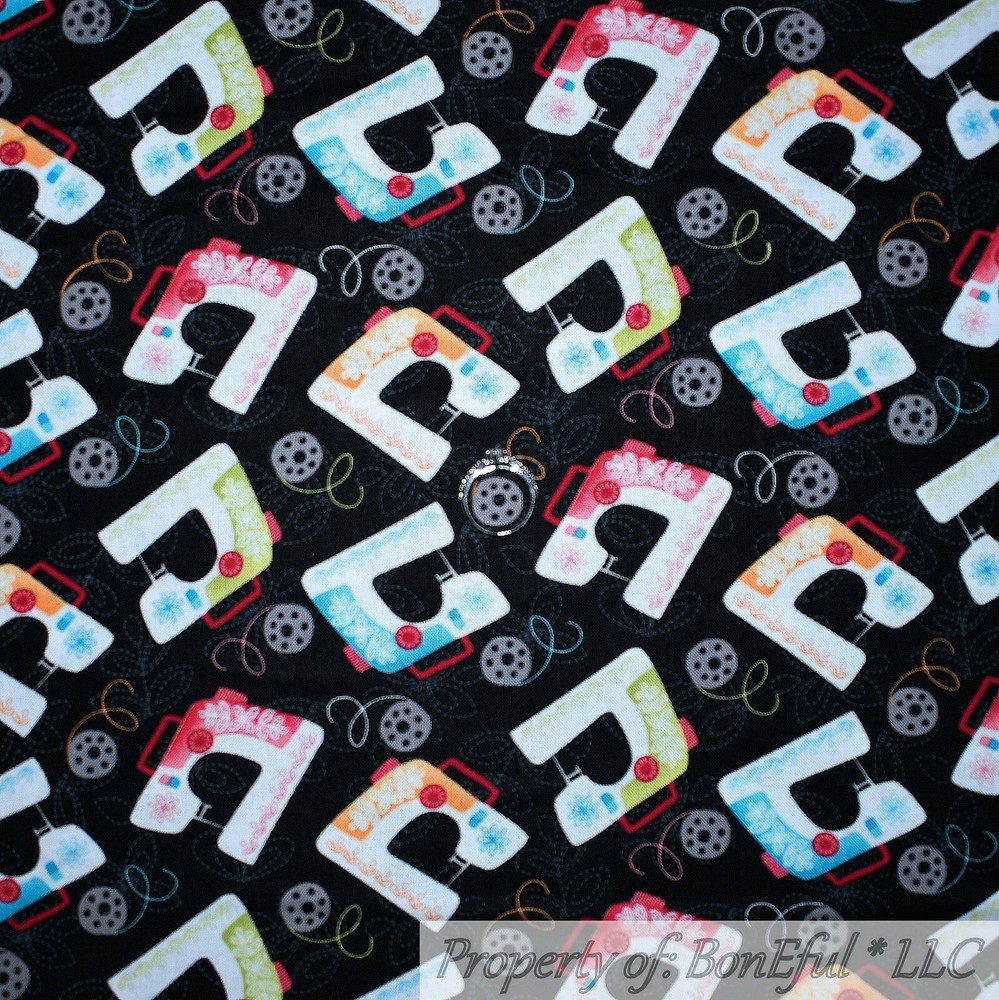 BonEful FABRIC FQ Cotton Quilt VTG Black Pink Antique Sewing Machine Bobbin Girl