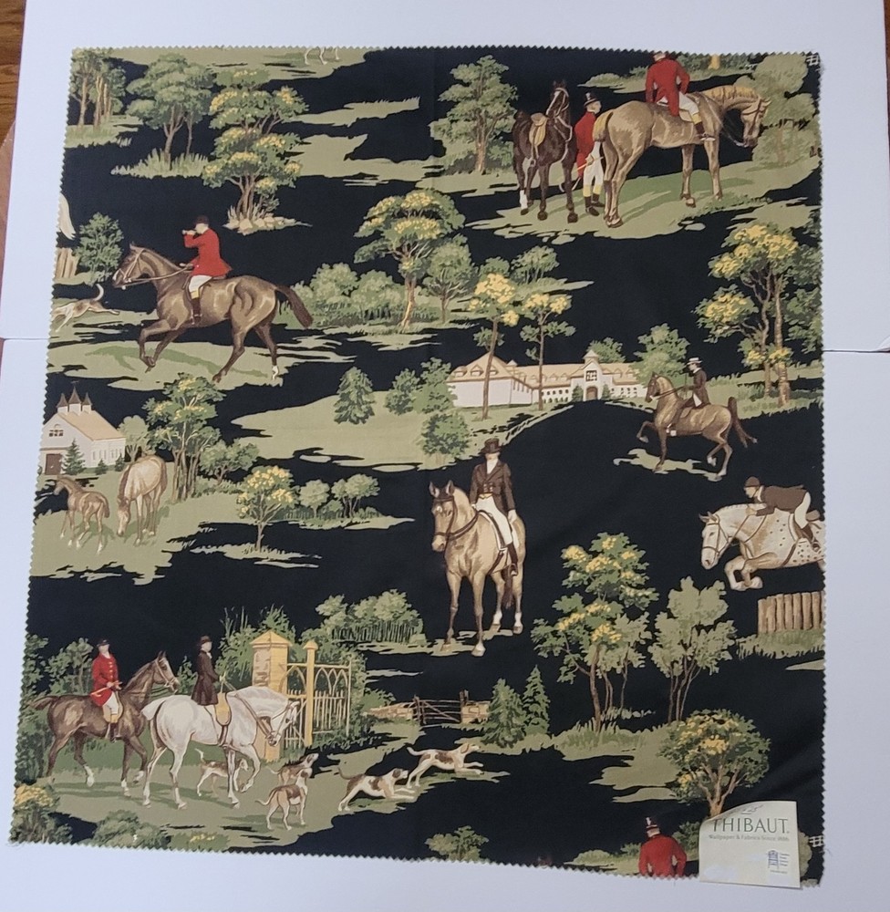 THIBAUT Black CASTLE PINE EQUESTRIAN Pattern 25″ Square Cotton Sateen Fabric