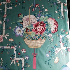 Teal Chinoiserie Chinese Garden Toile Floral 100% Cotton Drapery By The Yard
