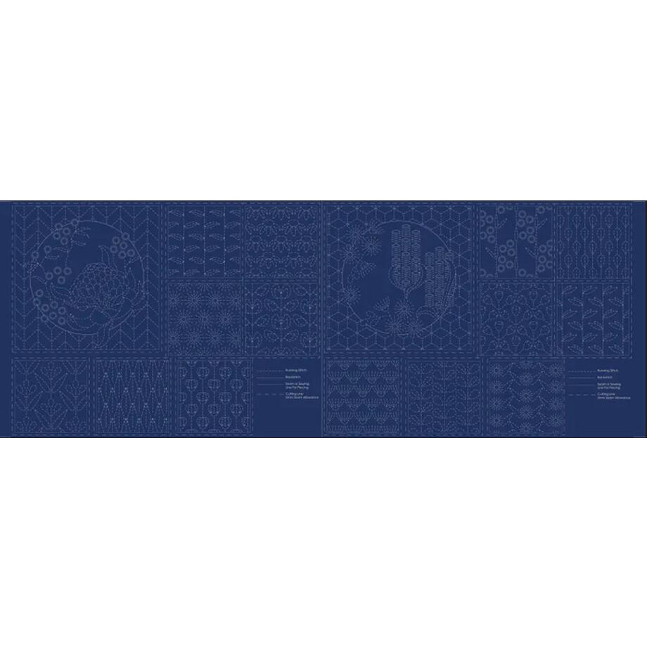 Patchwork Quilting Sewing Fabric Sashiko Botanical Navy Panel 50x110cm