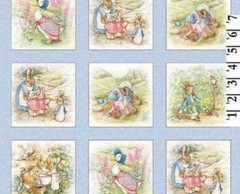 Beatrix Potter Fabric Peter Rabbit Benjamin Bunny 4″ Quilt blocks – Baby Blue