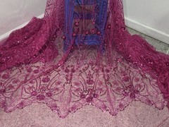 Fuchsia Pink Beaded Sequins Embroidery Bridal Lace Fabric 50” Width By The Yard